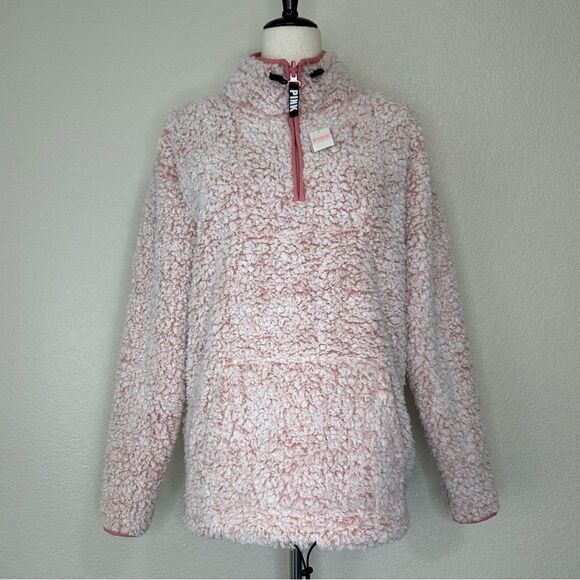 NWT Pink Victoria’s Secret Teddy Bear Quarter Zip Pull Over Sweatshirt - Picture 1 of 13